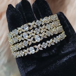 New 4 PCS Cushin cut Diamond, Marquise cut Diamond Gold Luxury Bangles Bracelet.